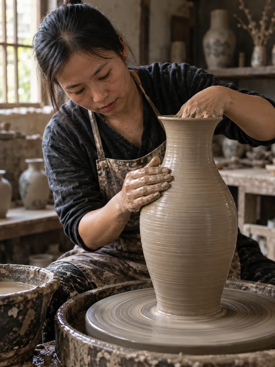 Nghệ nhân tạo dáng bình gốm trên bàn xoay